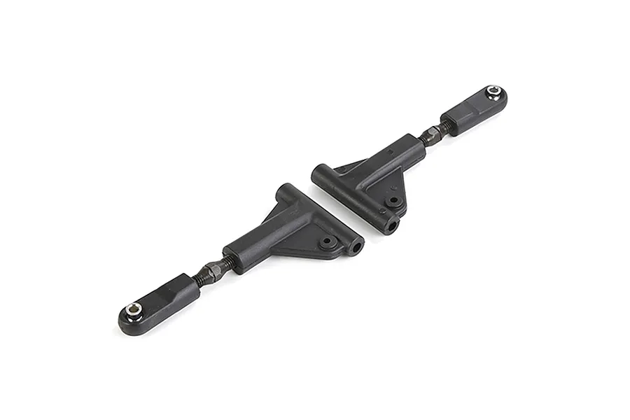Two black Rovan RC front upper suspension arms with adjustable turnbuckle ends on a white background.