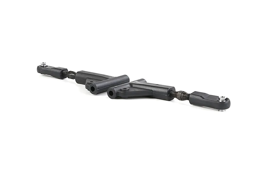 Two black Rovan RC front upper suspension arms with adjustable rod ends on a white background.