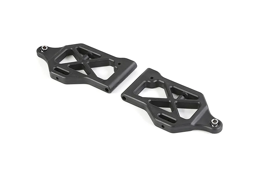 Two black plastic Rovan front lower suspension arms for an RC car, shown from a top-down perspective against a white background.