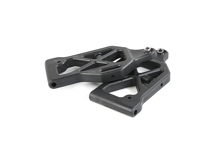 Two black plastic RC car front lower suspension arms with metal pivot inserts, isolated on a white background.