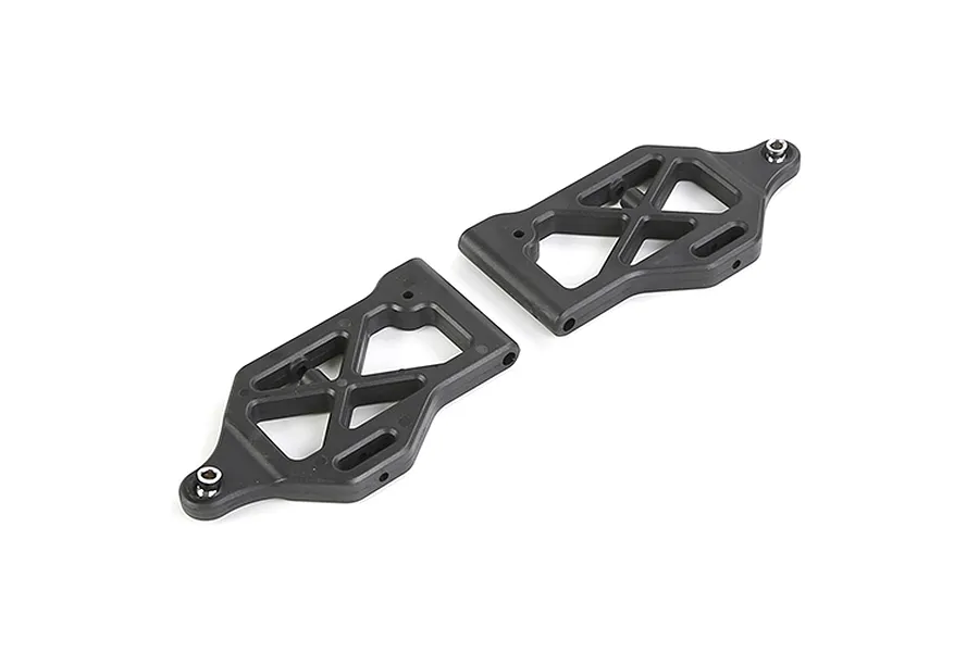 Two black plastic front lower suspension arms for an RC vehicle, shown from a top-down angle on a white background.