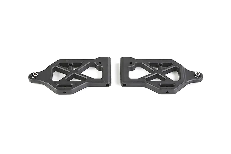 A pair of black plastic front lower suspension arms for an RC vehicle, shown from a top-down perspective against a white background.