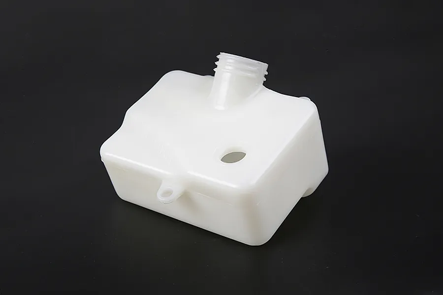 A white plastic Rovan RC fuel tank on a black background, featuring a threaded filler neck and mounting points.