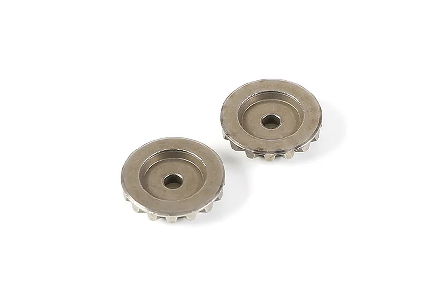 Two Rovan metal 16T differential bevel gears shown from a top-down angle on a white background.
