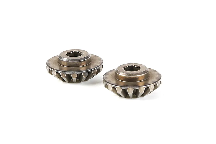 Two Rovan metal 16T differential bevel gears for RC vehicles, shown side-by-side against a white background.