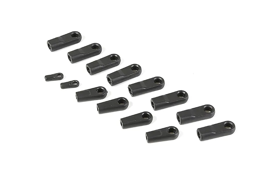 A set of various sized black plastic RC rod ends arranged on a white background.