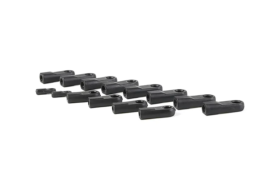 A collection of various black plastic RC rod ends arranged on a white background.
