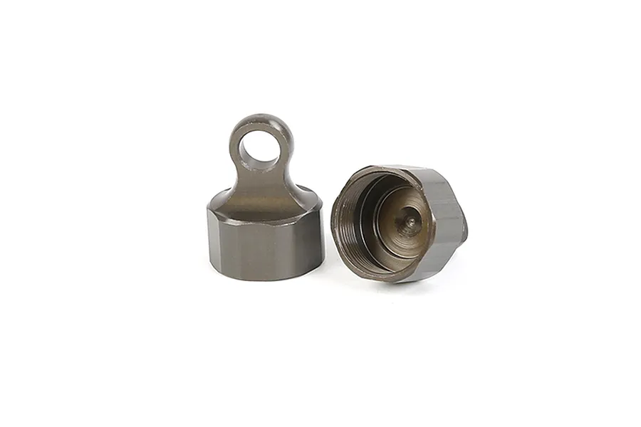 Two gunmetal grey Rovan aluminium RC shock caps shown from side and bottom angles on a white background.