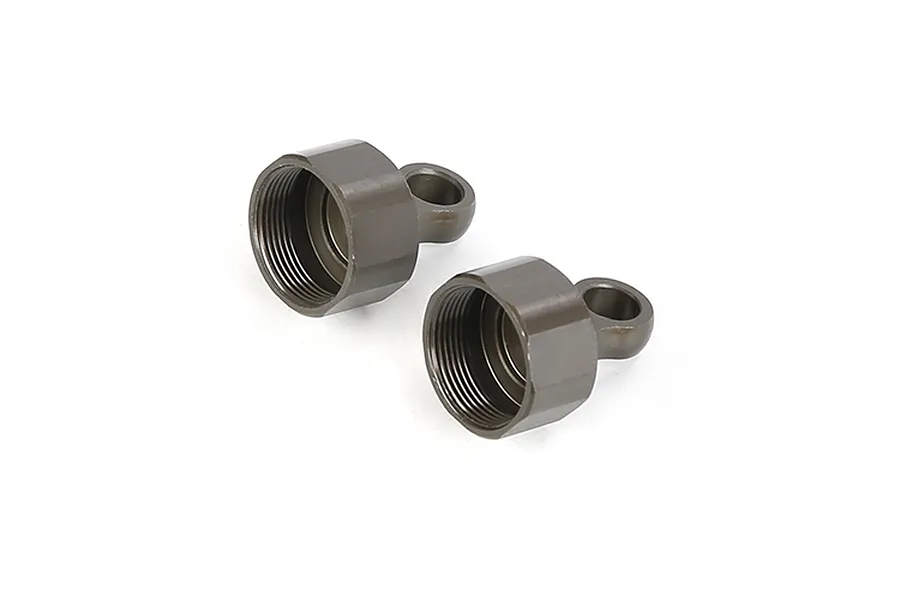 Two gunmetal grey aluminium RC shock caps with threaded interiors and mounting eyelets on a white background.
