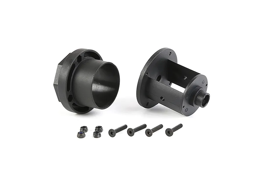 Rovan differential case parts including two black plastic housing halves, four screws, and four lock nuts on a white background.