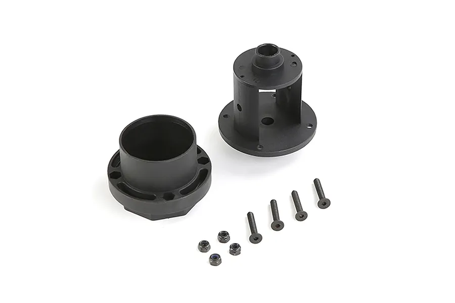 A Rovan differential case set including two black plastic housing halves, four screws, and four lock nuts on a white background.