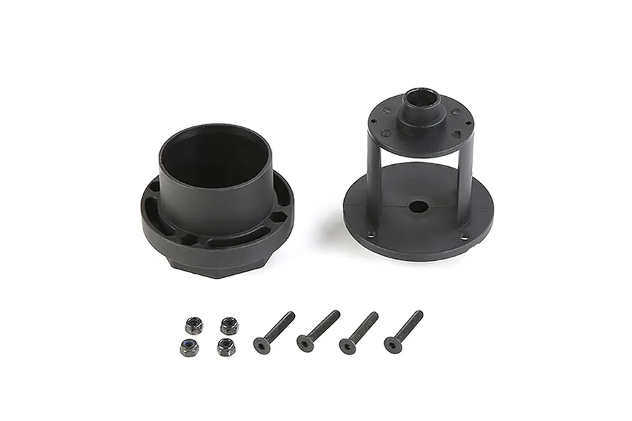 Rovan RC differential case components including two black plastic housing parts, four screws, and four lock nuts on a white background.