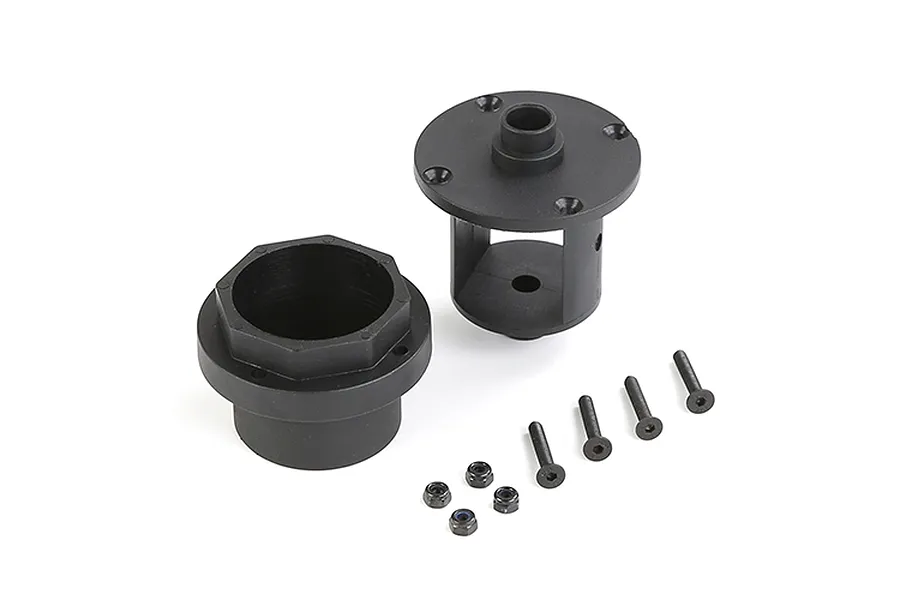 Rovan RC differential case components including two black plastic housing parts, four screws, and four lock nuts on a white background.