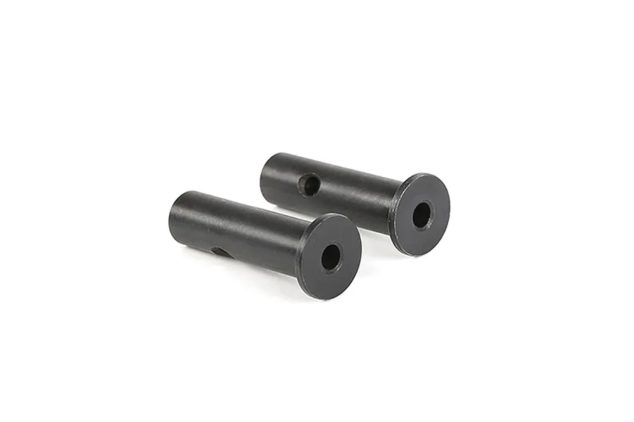 Two black metal cylindrical RC wheel axle pins with a flanged head and a cross-drilled hole, isolated on a white background.