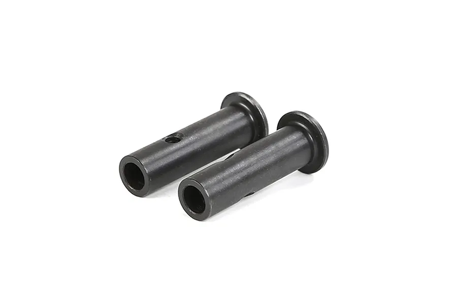 Two black steel front wheel axles for RC vehicles, shown from a high angle against a white background.