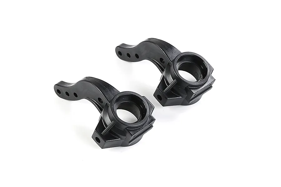 Two black plastic RC steering hubs positioned on a white background.