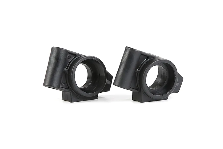 Two black plastic rear hub carriers for an RC car, shown side-by-side against a white background.