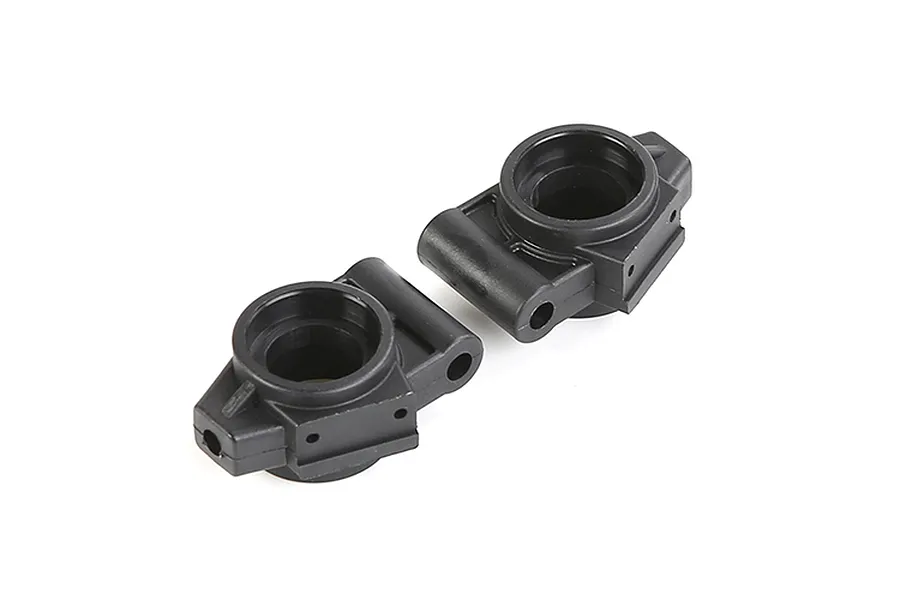 Two black plastic rear hub carriers for an RC vehicle, shown from an angled perspective against a white background.