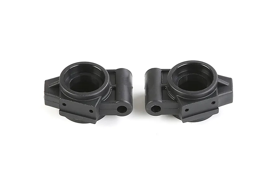 Two black plastic rear hub carriers for an RC car, shown side-by-side against a white background.