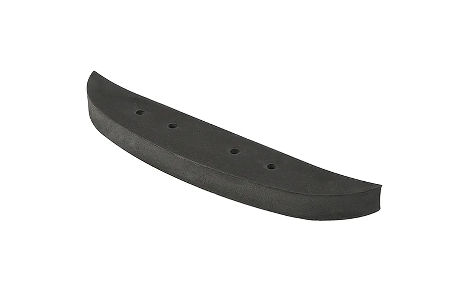 A curved black foam bumper for an RC car, featuring four mounting holes along its top surface, isolated against a white background.