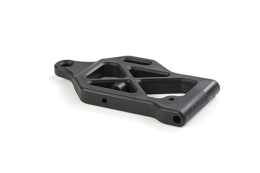A black plastic front lower suspension arm for an RC vehicle, shown from an angled perspective against a white background.