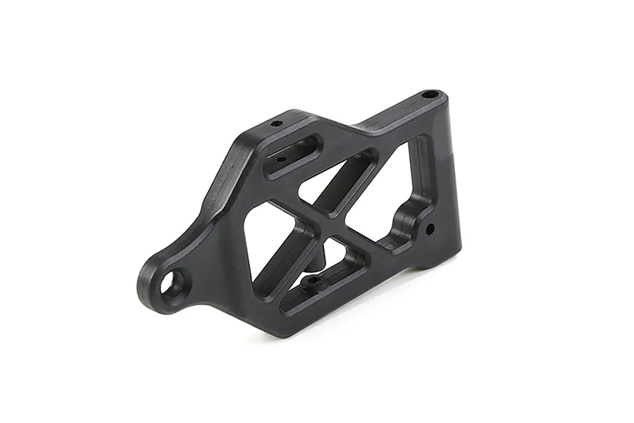 A black plastic front lower suspension arm for an RC vehicle, shown from an angled perspective against a white background.