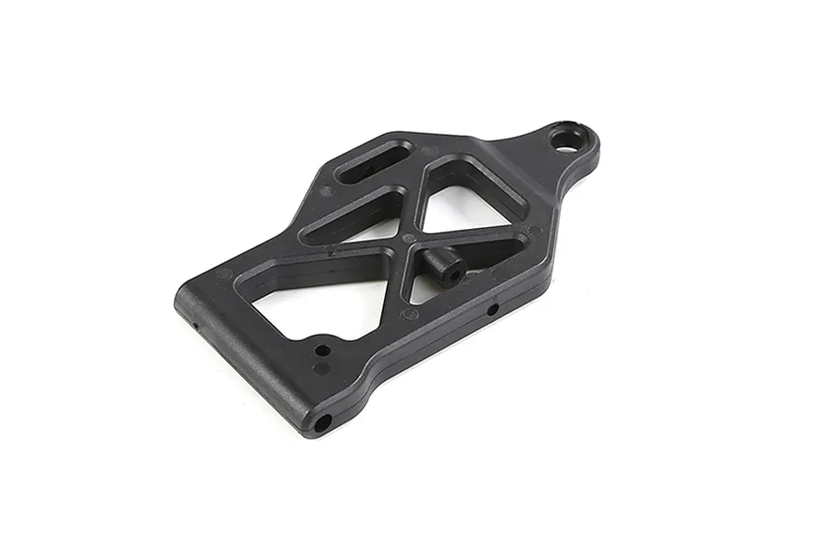 A black plastic front lower suspension arm for an RC vehicle, shown from a top-down angle against a white background.