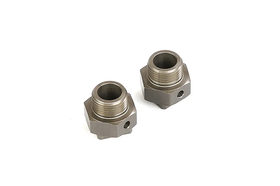 Two gunmetal grey Rovan aluminium wheel hexes for RC cars, shown from an elevated angle against a white background.