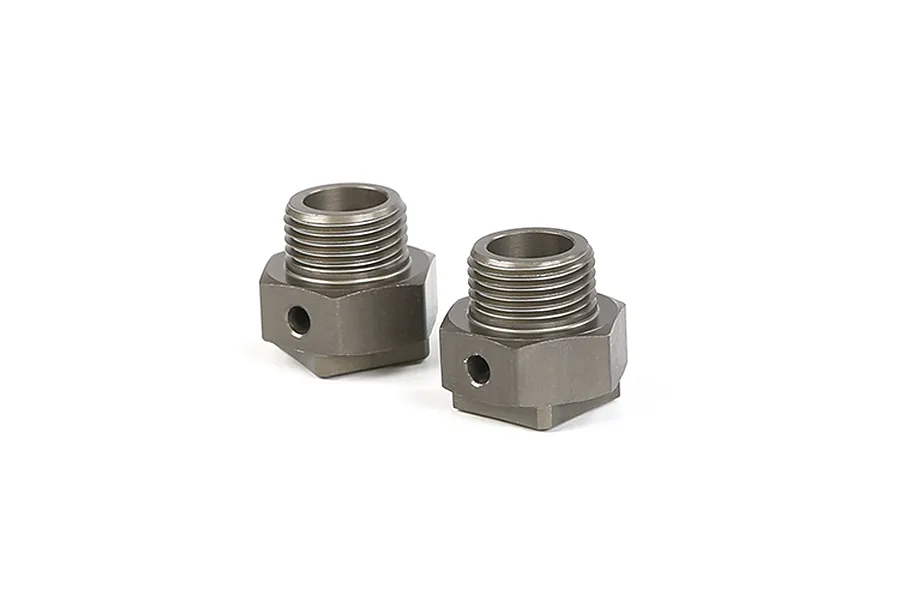 Two gunmetal grey Rovan aluminium wheel hexes for RC cars, shown from a high angle against a white background.
