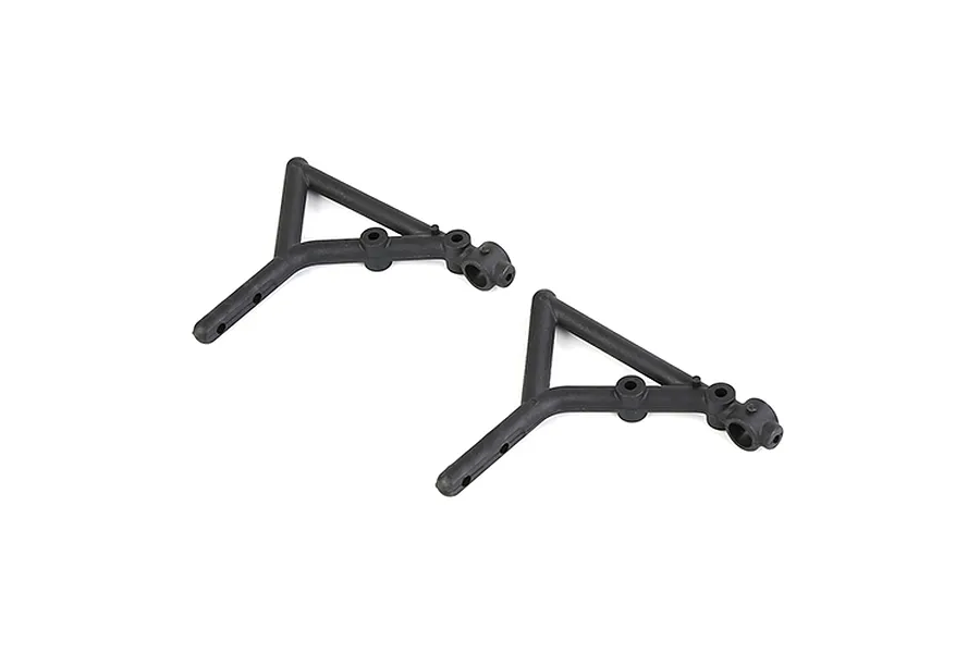 Two black plastic Rovan rear body mounts for RC cars, shown from an elevated angle on a white background.
