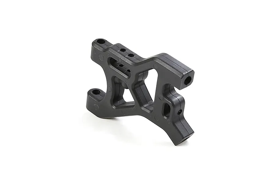A black plastic rear lower suspension arm for an RC vehicle, shown from a high-angle perspective against a white background.
