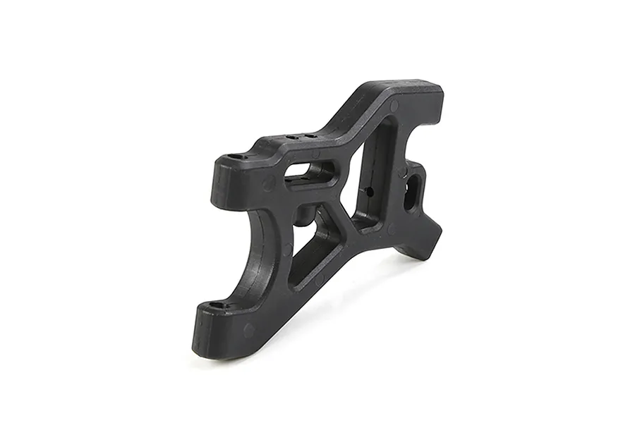 A black plastic rear lower suspension arm for an RC vehicle on a white background.