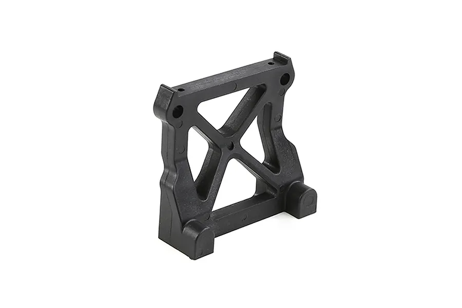 A black plastic RC car chassis brace component with a cross-braced design against a white background.