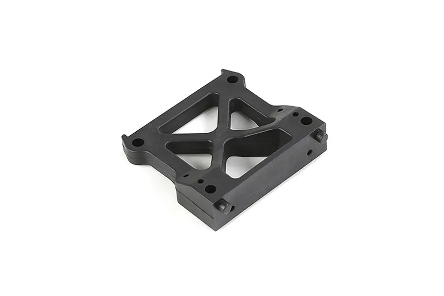 A black plastic Rovan front main chassis frame component for an RC vehicle, shown from an elevated angle against a white background.
