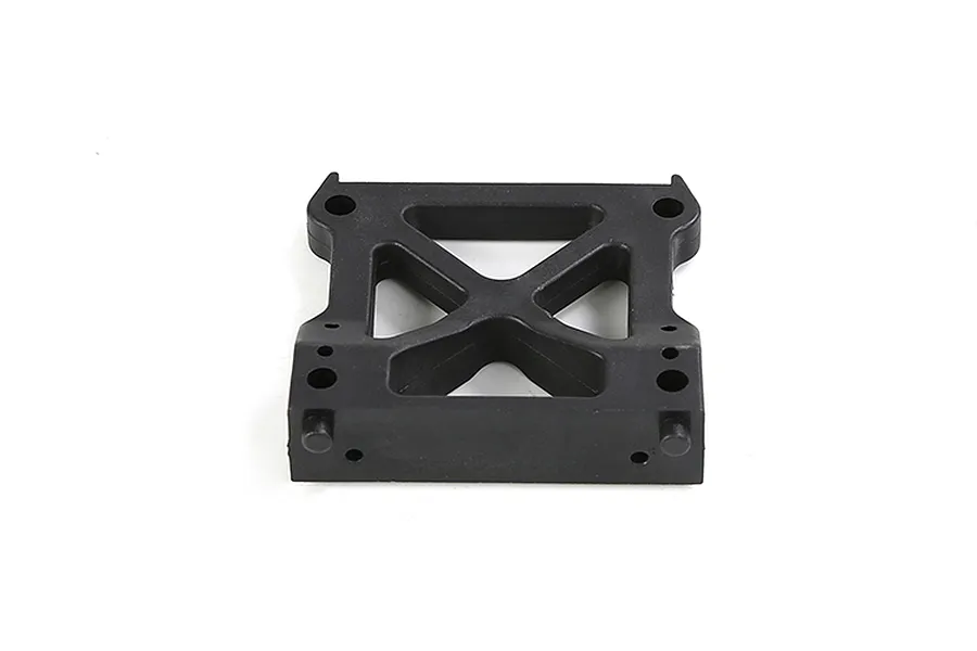 A black plastic RC car chassis component with a cross-braced design and multiple mounting holes, isolated on a white background.