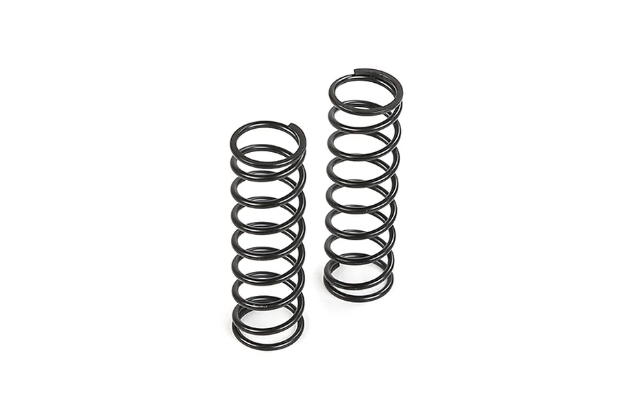 Two black metal coil shock springs for an RC vehicle standing upright on a white background.