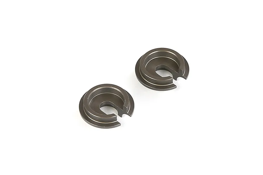 Two gunmetal grey Rovan aluminium shock bottom retainers for RC vehicles, shown from a top-down angle on a white background.