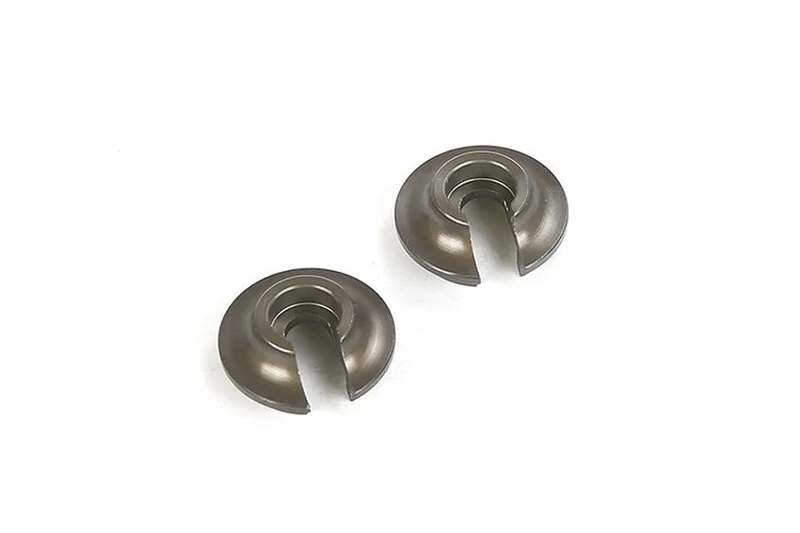 Two gunmetal grey Rovan aluminium shock bottom retainers for RC cars, shown against a plain white background.