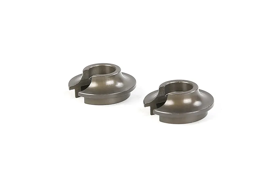 Two gunmetal grey Rovan aluminium shock spring retainers shown from an angle against a white background.