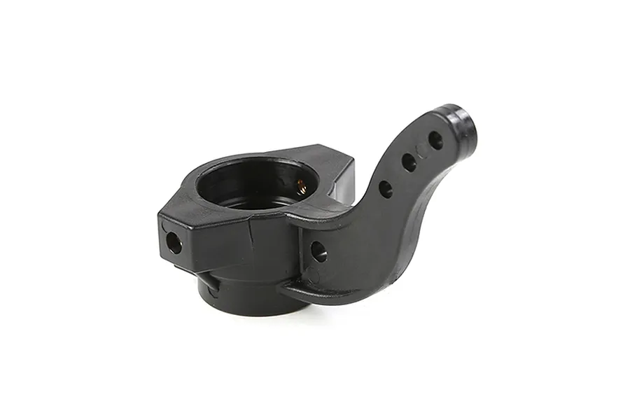 A black plastic RC steering hub component with multiple mounting holes, isolated on a white background.