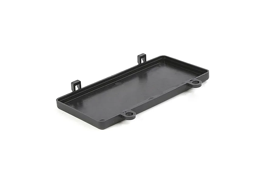 A black plastic rectangular battery box cover for an RC vehicle, featuring two mounting tabs and two small clips.