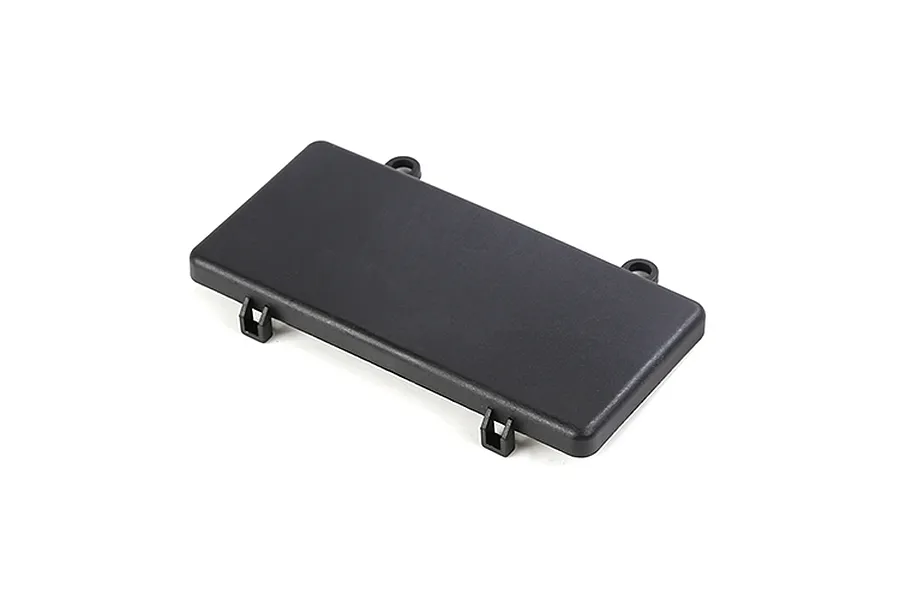 A black plastic rectangular battery box cover for an RC vehicle, featuring mounting tabs and clips on a white background.