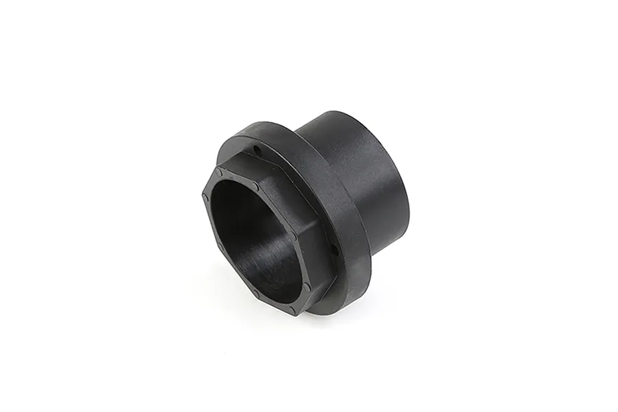 A black Rovan differential case component for RC vehicles, shown from a three-quarter angle against a white background.