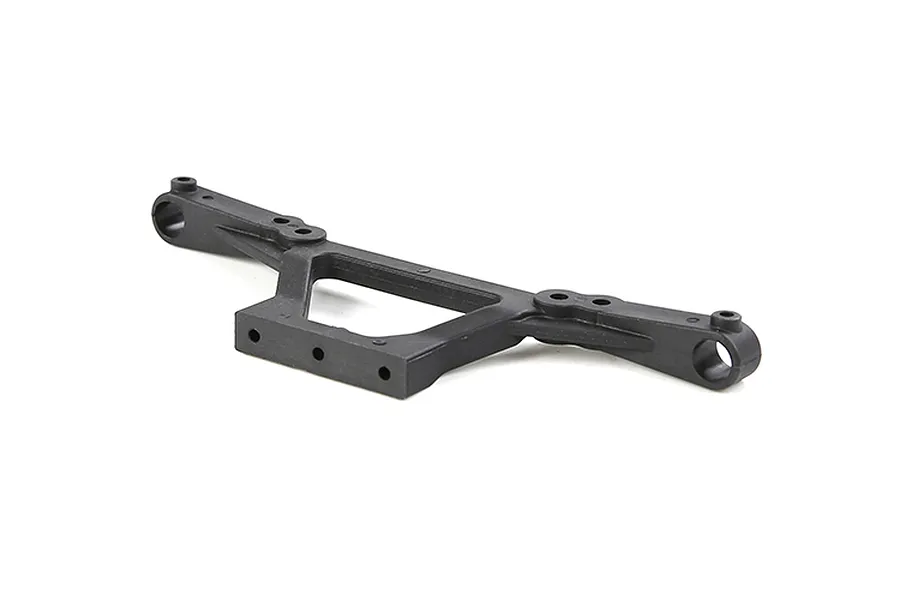 A black plastic front shock tower for an RC vehicle, shown from a slightly elevated angle against a white background.
