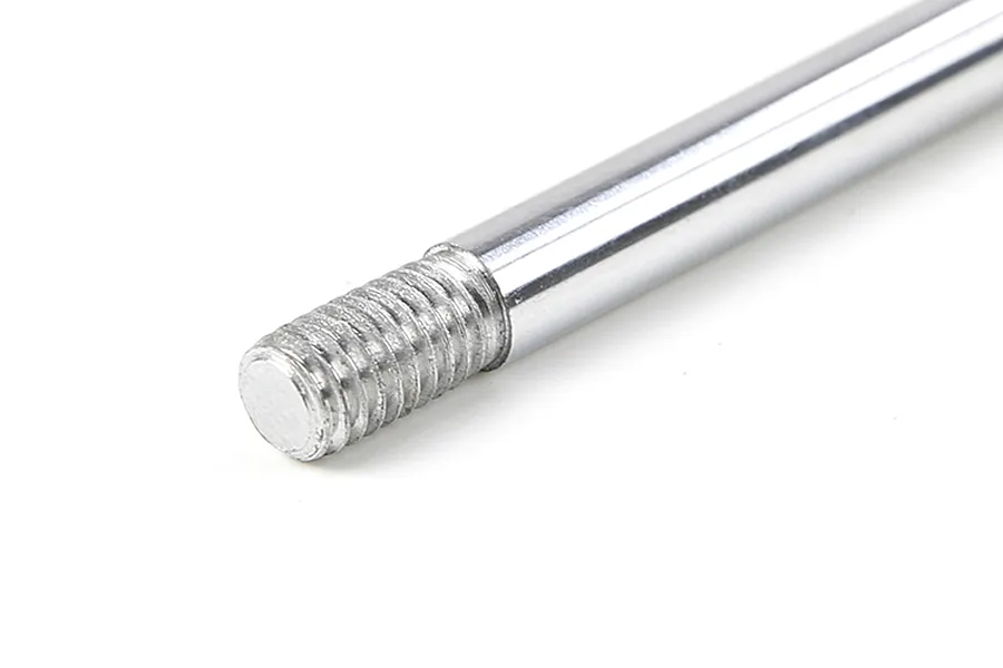A close-up view of a shiny, silver-coloured metal shock shaft with threaded end, isolated against a white background.