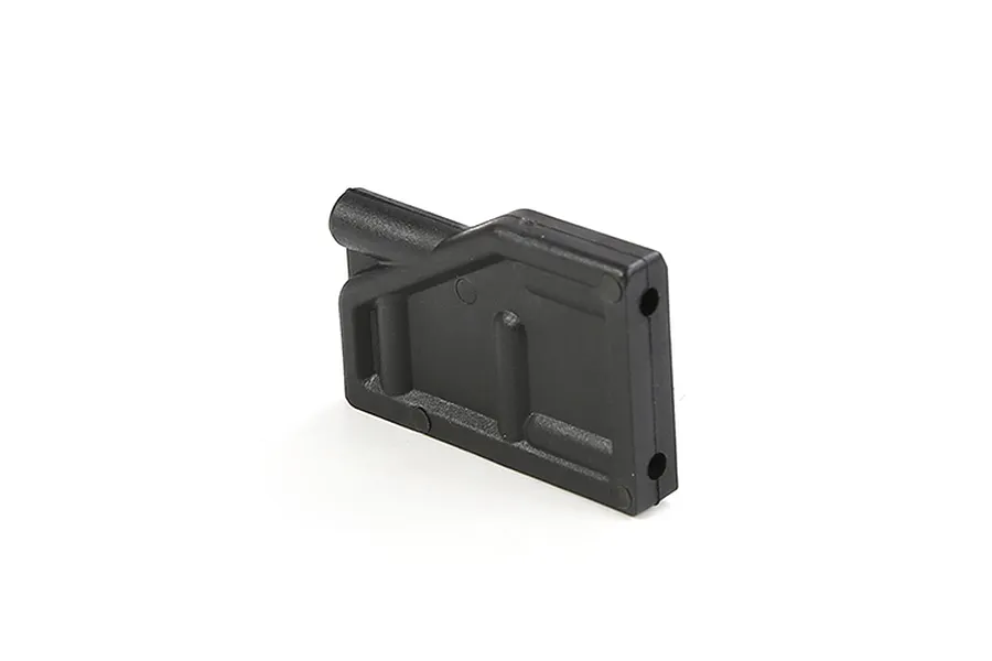A black plastic steering servo mount component for an RC vehicle, shown from an angled perspective against a white background.