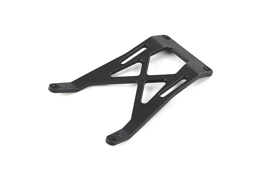 A black plastic Rovan front bumper mount for an RC car, featuring a triangular, skeletonized design with four mounting holes.