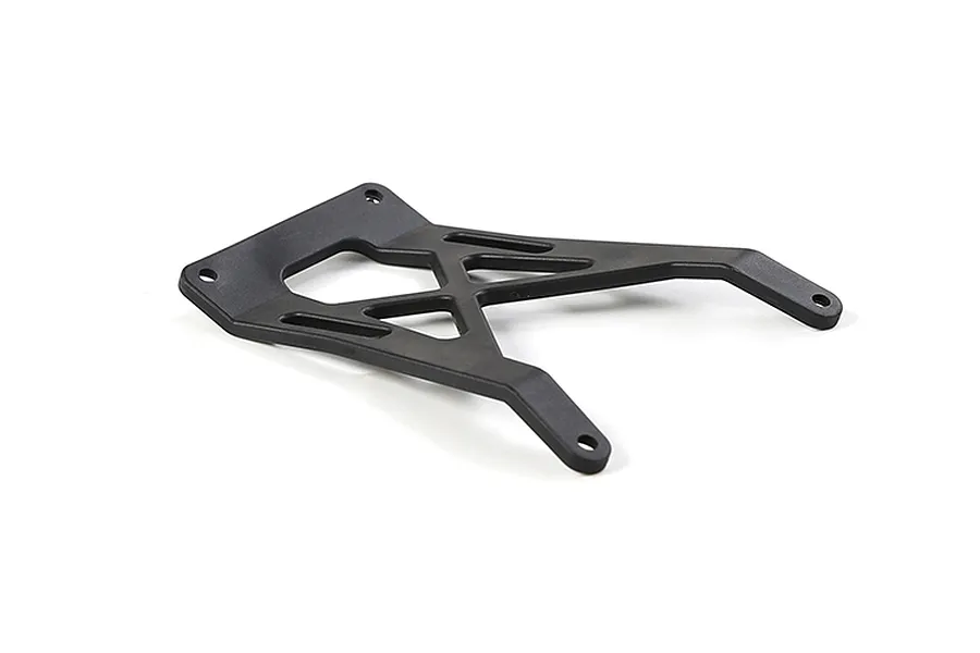 A black plastic Rovan front bumper mount for an RC vehicle, featuring a triangular support structure with mounting holes.