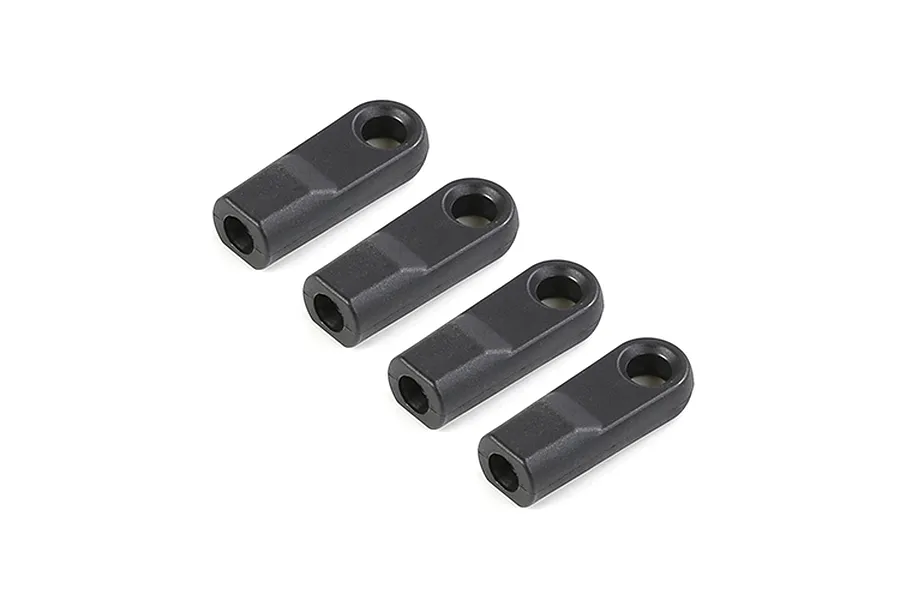 Four black plastic RC rod ends arranged in a diagonal line on a white background.