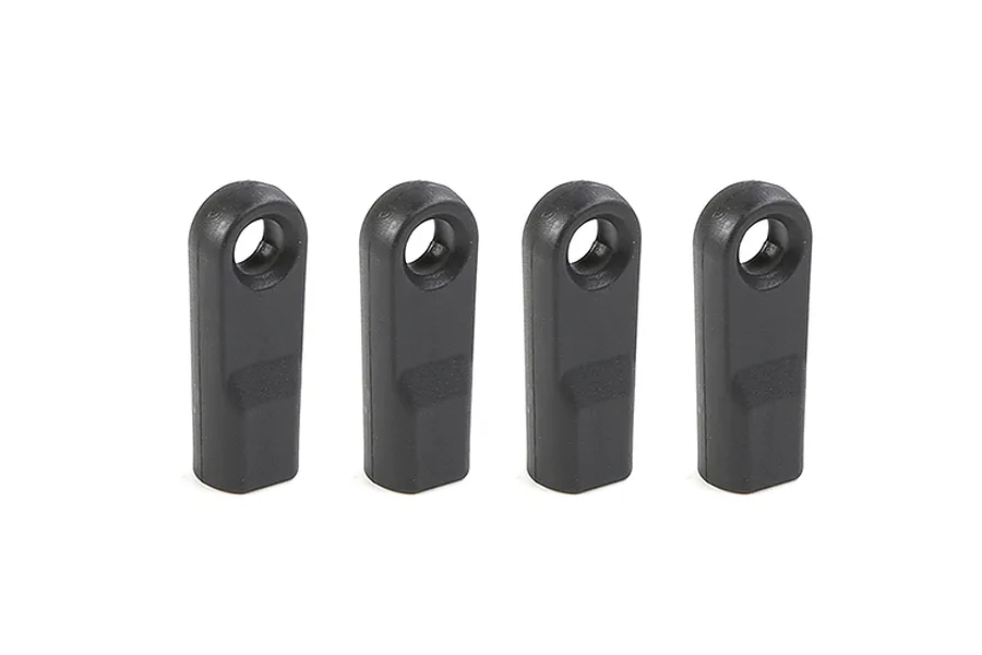 Four identical black plastic RC rod ends arranged in a row against a white background.